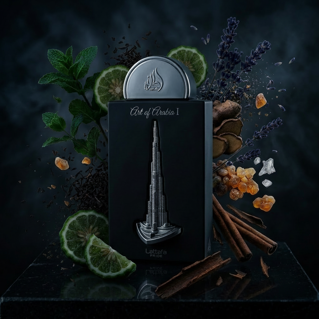 Flakon perfum Lattafa Art of Arabia I na tle czarnej herbaty i bergamotki