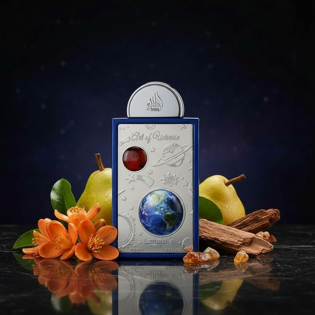 Flakon perfum Lattafa Art of Universe na tle mandarynki i gruszki