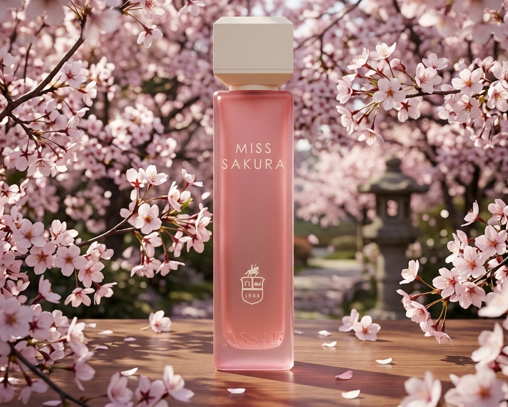 Flakon perfum Assaf Miss Sakura na tle kwitnącej wiśni (sakury)