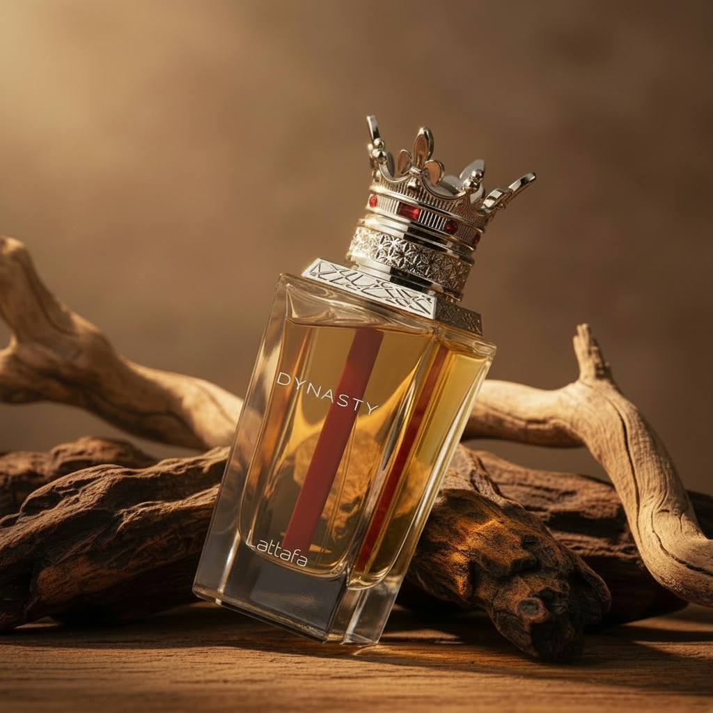 Flakon perfum Lattafa Dynasty na tle herbaty rooibos i zamszu