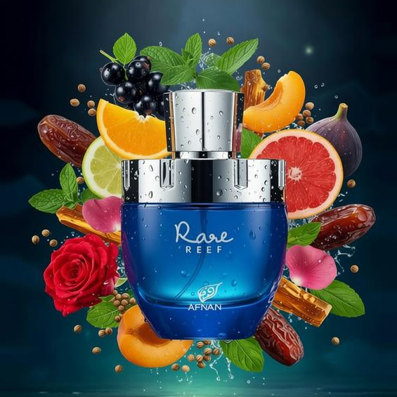 Flakon perfum Afnan Rare Reef na tle oceanu i rafy koralowej